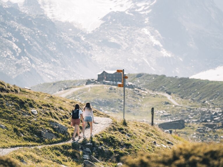 Die Gäste orientieren sich an den gelben Wegweiser über die verschiedenen Wanderwege | © Gabriel Perren